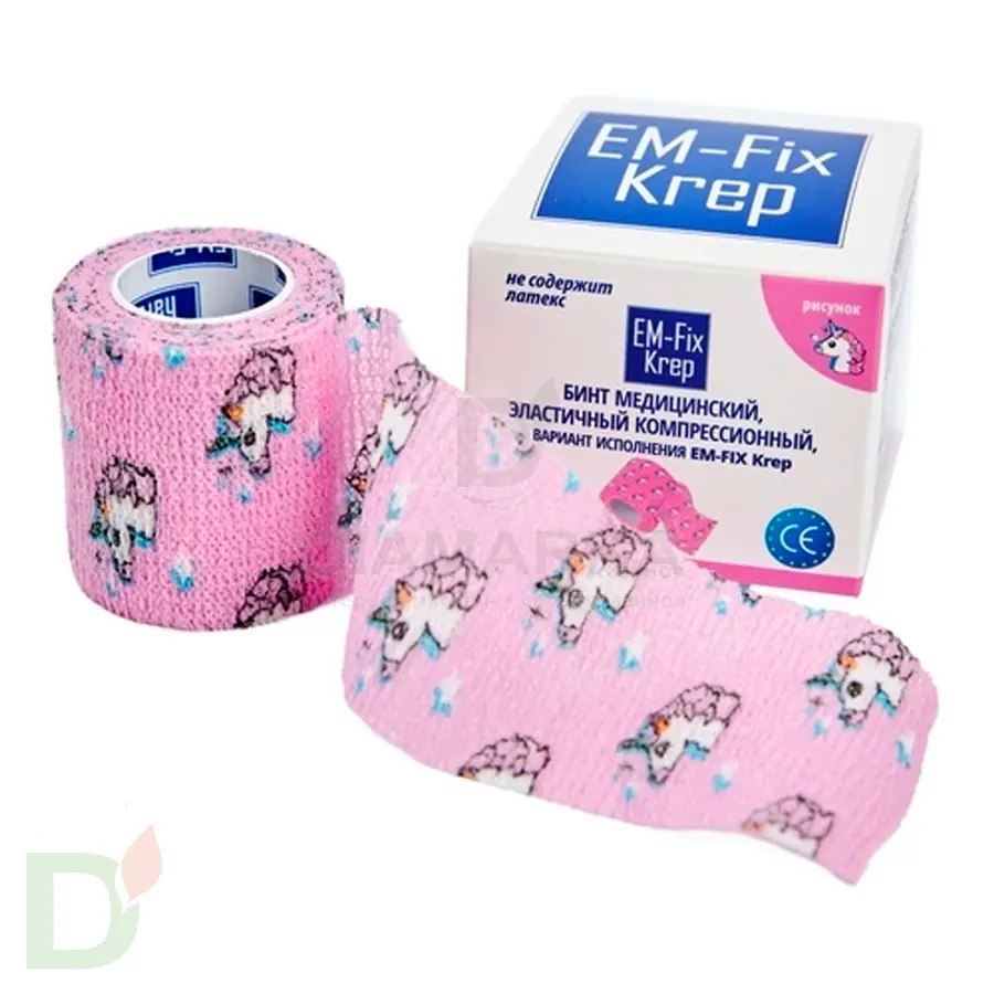 Бинт самофиксирующийся EM-Fix krep Розовый с единорогом, 5см*4,5м в Челябинске